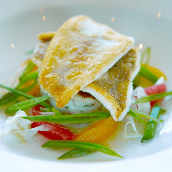 Filet de doré délicatement présenté dans une assiette, accompagné de légumes verts frais - une assiette gourmande Pour Le Chef