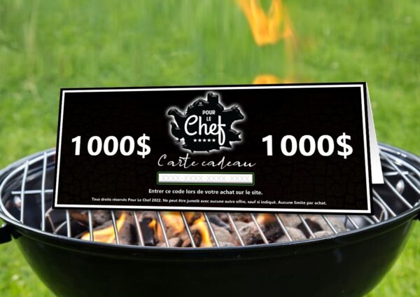 photo d'une carte cadeau de 1000$ sur un BBQ en flamme