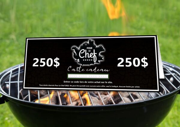 photo d'une carte cadeau de 250$ sur un BBQ en flamme