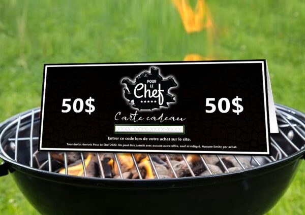 photo d'une carte cadeau de 50$ sur un BBQ en flamme