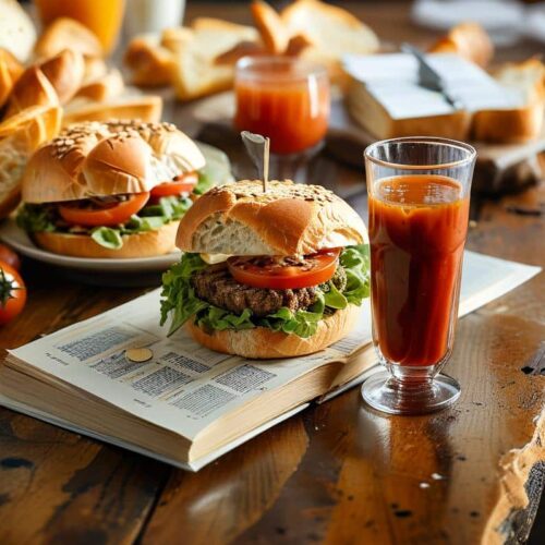 hamburger avec tomates et laitue accompagné d'un jus