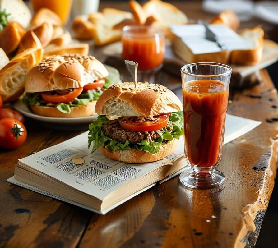 hamburger avec tomates et laitue accompagné d'un jus