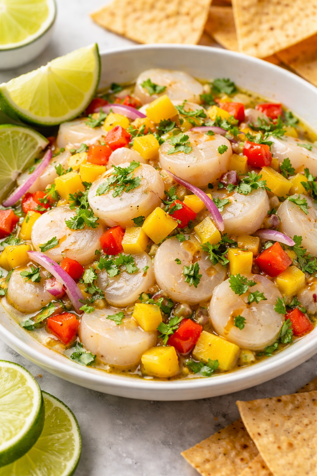 Creamy skillet of seared scallops with mango, red peppers, and red onion, garnished with cilantro and lime wedges, with chips in the background.