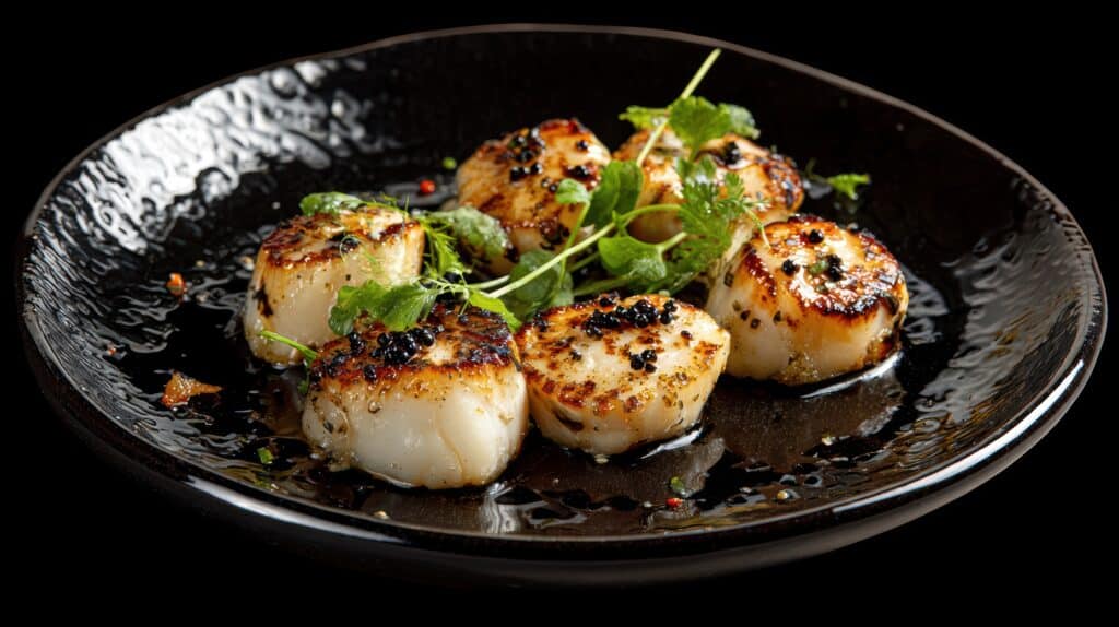 Five seared scallops arranged in a black bowl, garnished with fresh herbs and greens.