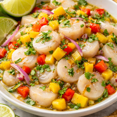 Creamy skillet of seared scallops with mango, red peppers, and red onion, garnished with cilantro and lime wedges, with chips in the background.